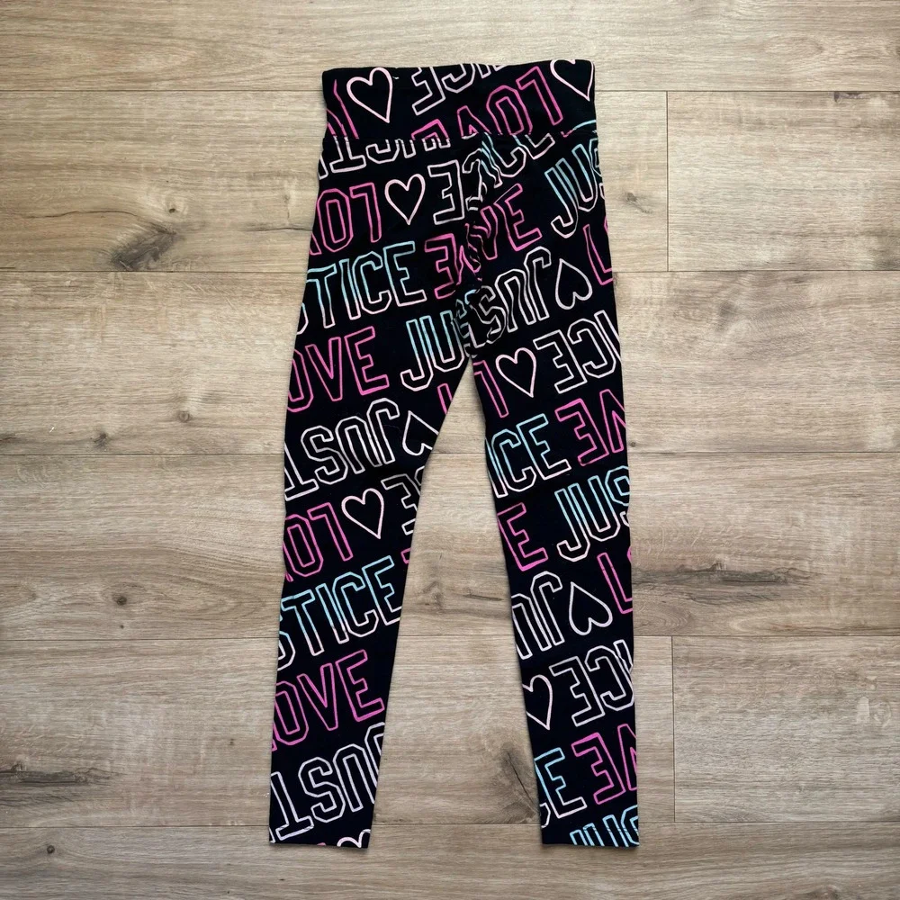 Justice Girls Black Neon Love Heart‎ Logo Print Leggings Size 12 High Rise Slim